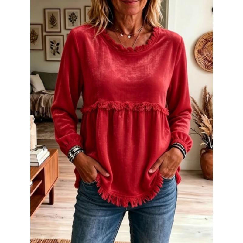 Women S Casual Loose Long Sleeve U Neck Lace Splicing Top