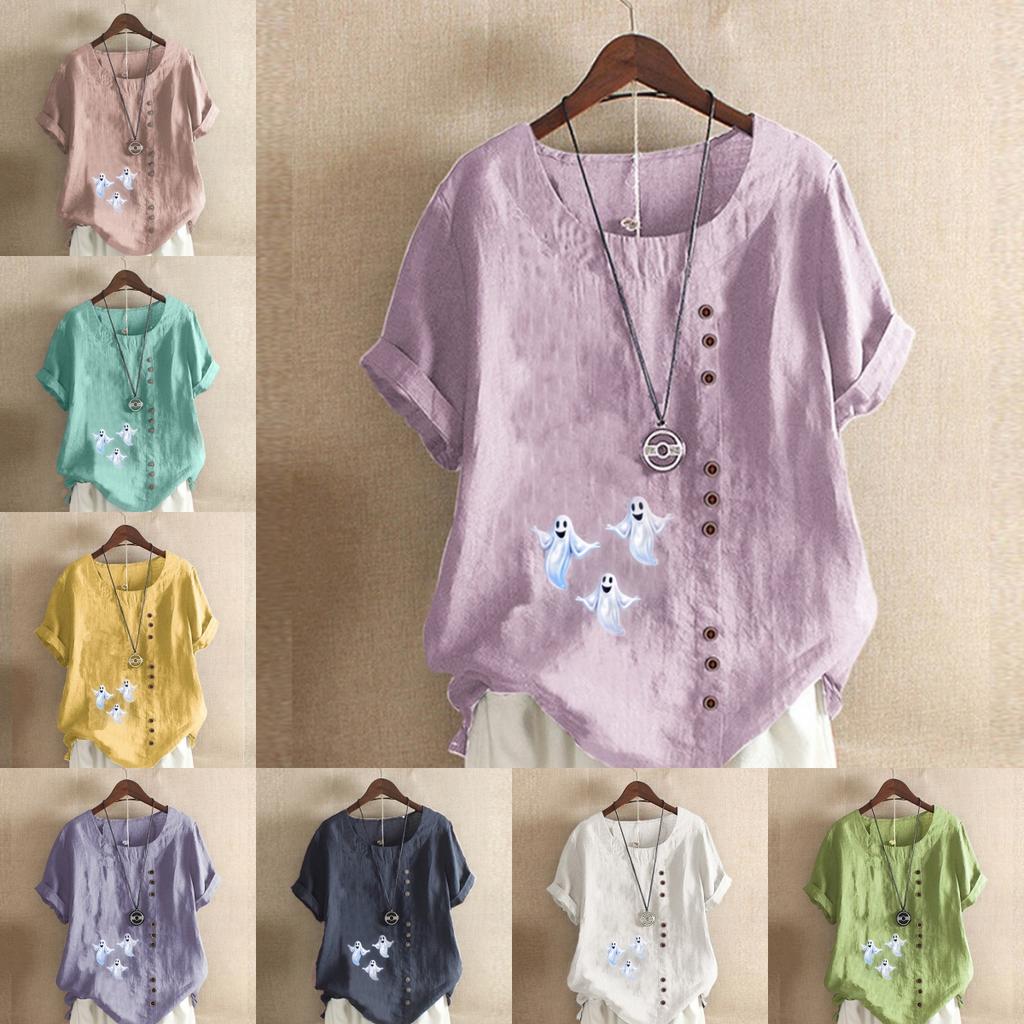 Tricou de damă la modă cu gât rotund și mâneci scurte, casual, din bumbac și in, cu imprimeu grafic, pentru timpul liber, larg, cu imprimeu cu fantome, de vară, bluză, topuri