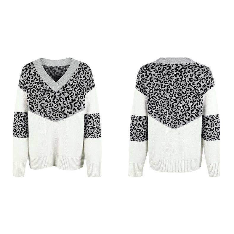 Autumn Winter Vintage Loose Long Sleeve Top Leopard Cardigan Knitwear V-Neck Sweater