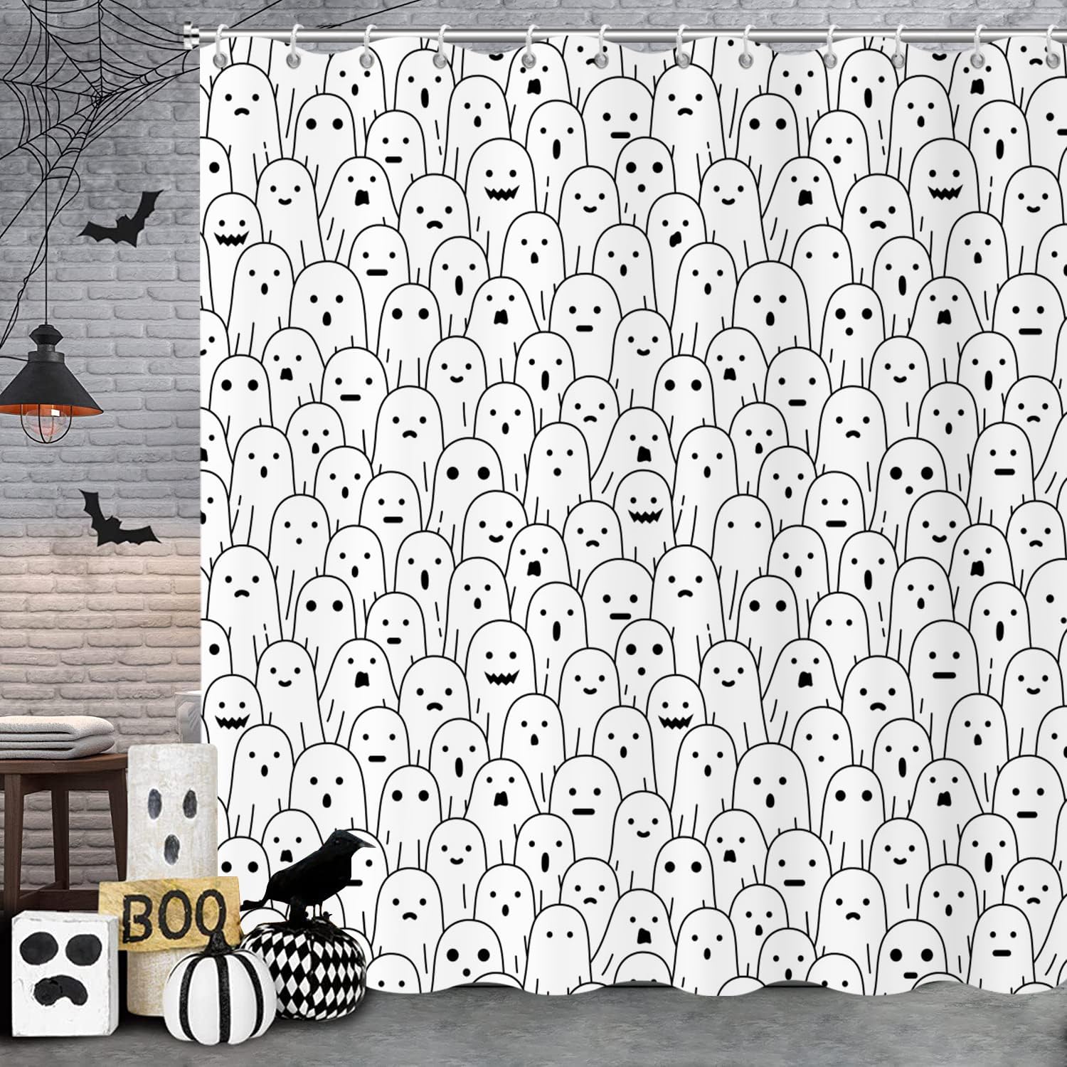 

Halloween Shower Curtain, Black And White Funny Ghosts Icons Spooky Cute Halloween Bathroom Curtain Waterproof Fabric W60H190(CM)-1 Pcs
