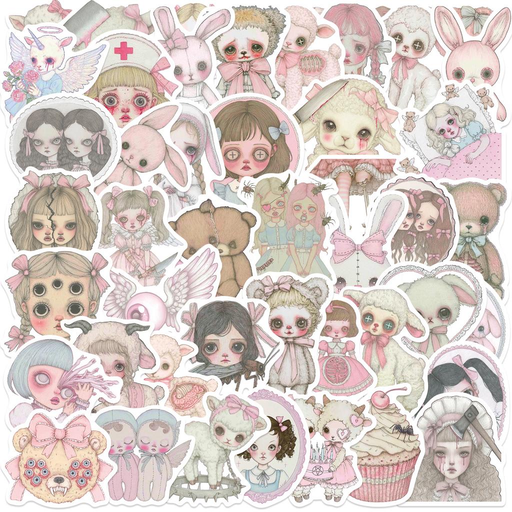 50PCS Pink Grotesque Bizarre Girl Horror Graffiti Stickers Phone Guitar Laptop Notebook Suitcase Cup Waterproof Sticker Decals