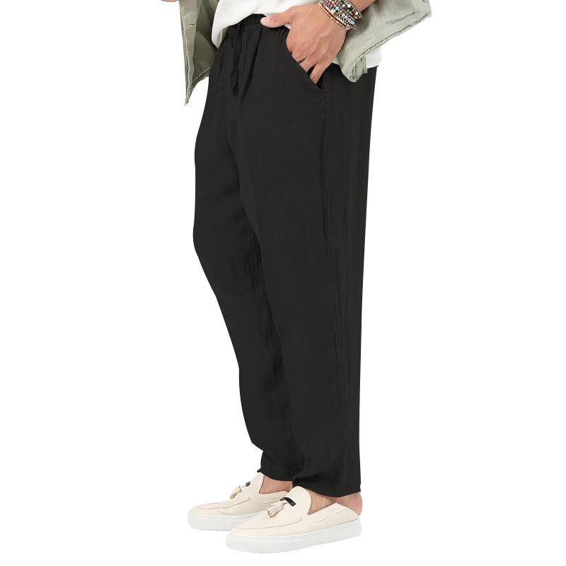 New Thin Section of Men's Fashion Large Size Solid Colour Leisure Drawstring Cotton Linen Trousers Breathable Trousers
