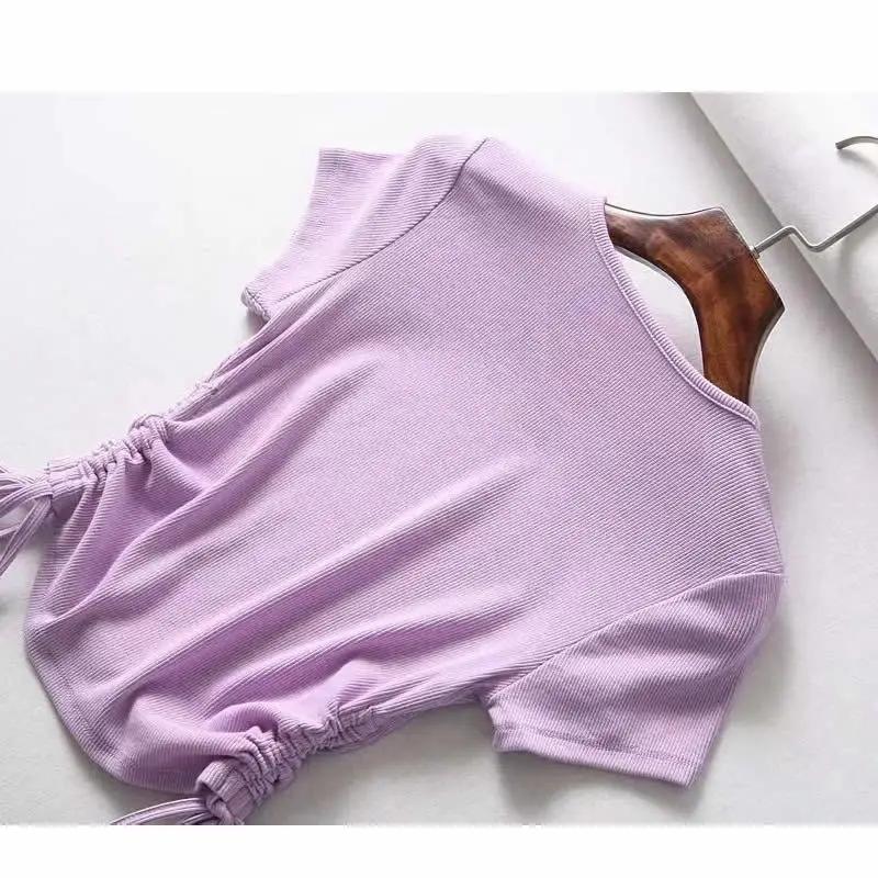 Pure Color Sexy Drawstring Women's Short-sleeved Round Neck Short Slim-fit Hem T-shirt Bottoming Shirt