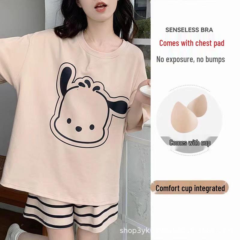 Women's Short-Sleeve Pajama Set with Built-in Bra Pads, 2025 Spring/Summer/Autumn Collection