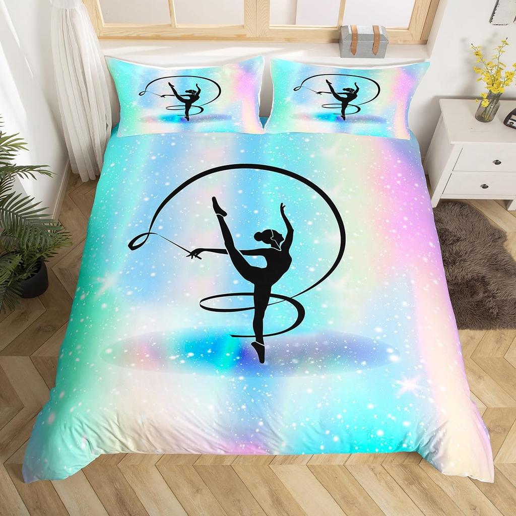 Rainbow Bedding Set for Girls Ballet Duvet Cover Dancing Ballerina Silhouette Comforter Cover Twin Tie Dye Starry Sky Bed Cover