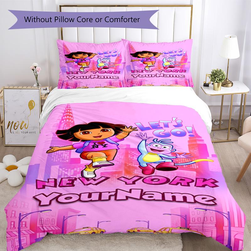 Dora Explorer Customize Your Name Bedding Set Breathable Duvet Cover with Pillowcases Home Decoration Birthday Gift