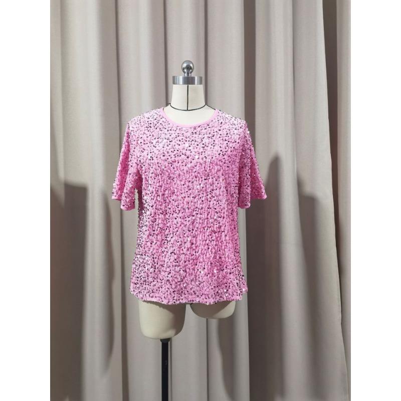 Top da Donna Rosa con Paillettes a Manica Corta Girocollo Casual da Festa Vestibilità Larga Camicetta Maglietta