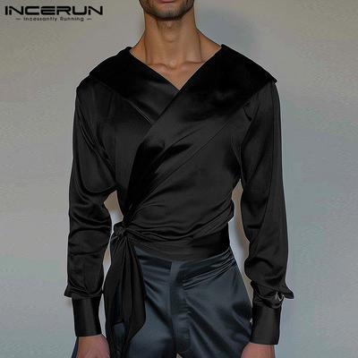 Men Long Sleeve Bandage V Neck Front Cross Layer Shirts Tops