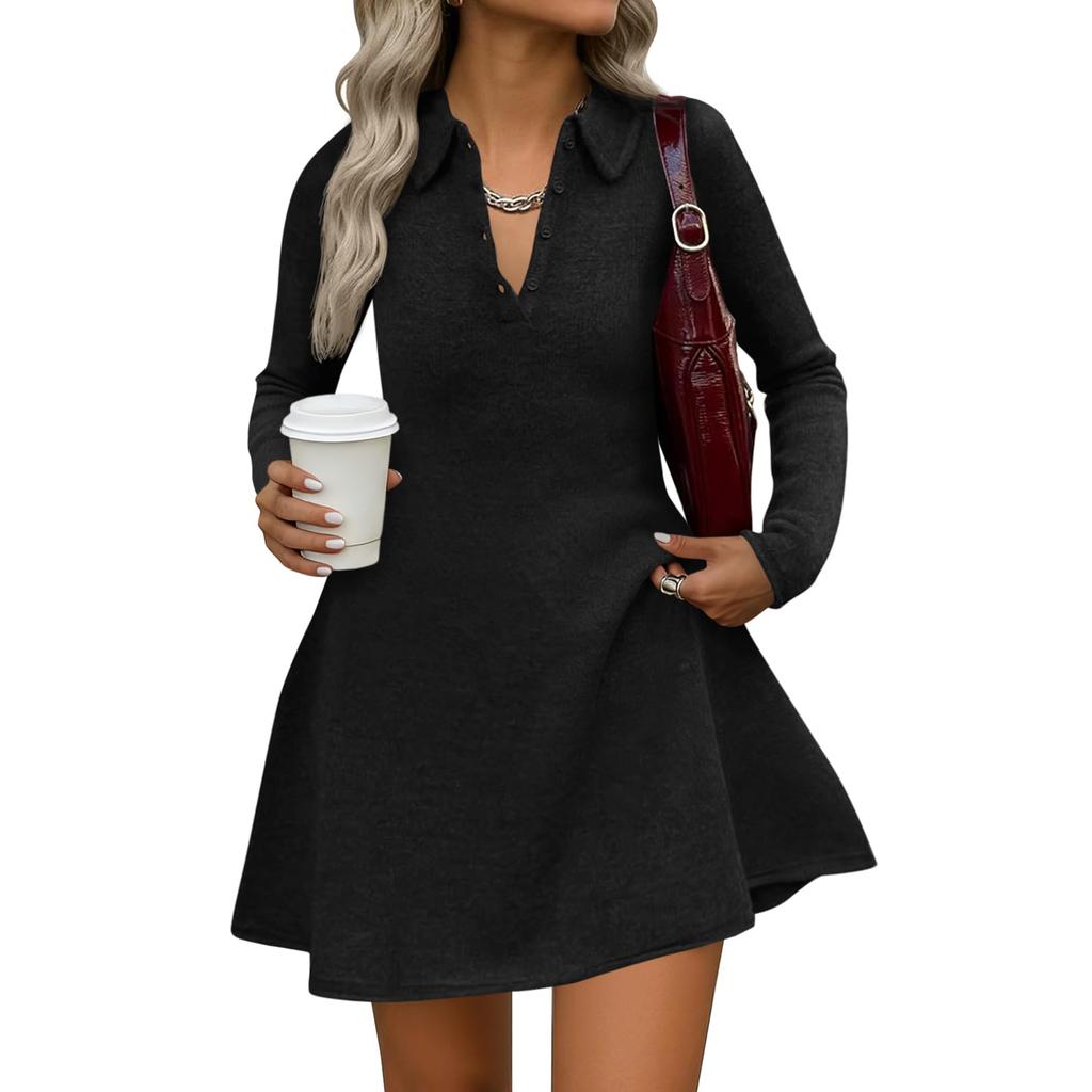 Women's Fashion Long-Sleeved Casual Solid-Colour Dress