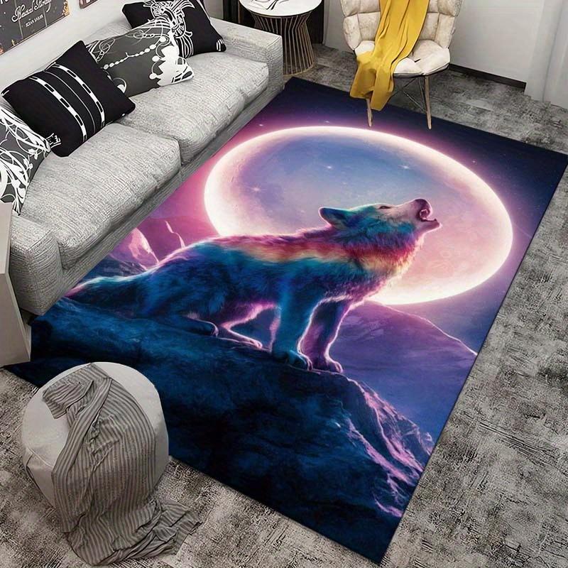Wolf Howling At the Moon Rug ModernFantasyDesign for Living SpacesTrendy Home Decor Items Anti Slip Carpet Can Be Machine Washed