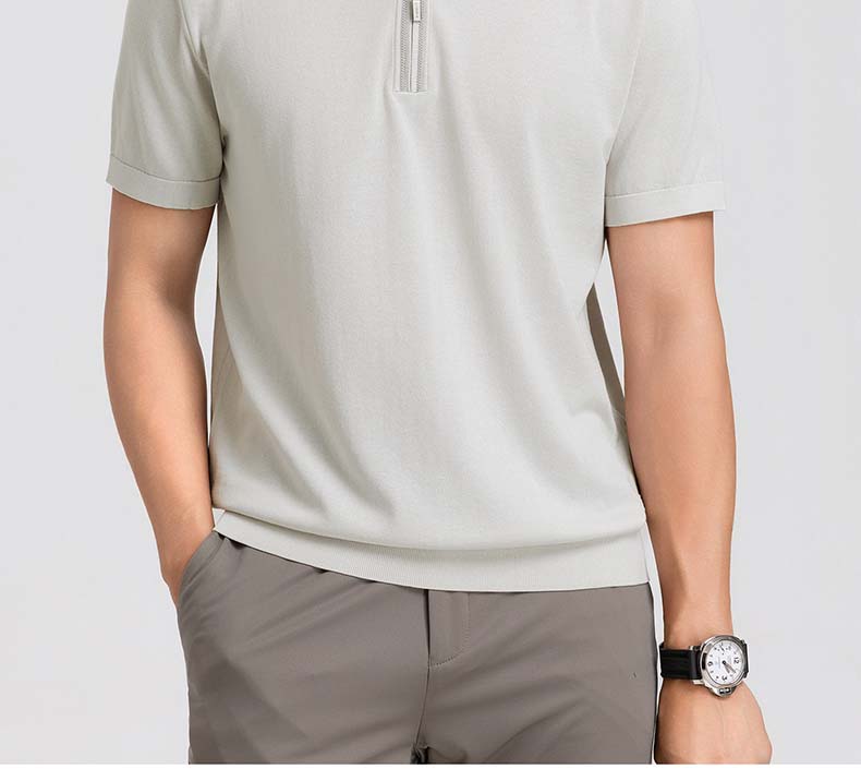 [Including Mulberry Silk] Langdeng Men's Half Zipper Knitted Polo Shirt Summer Breathable Business Collar Short Sleeve T-shirt
