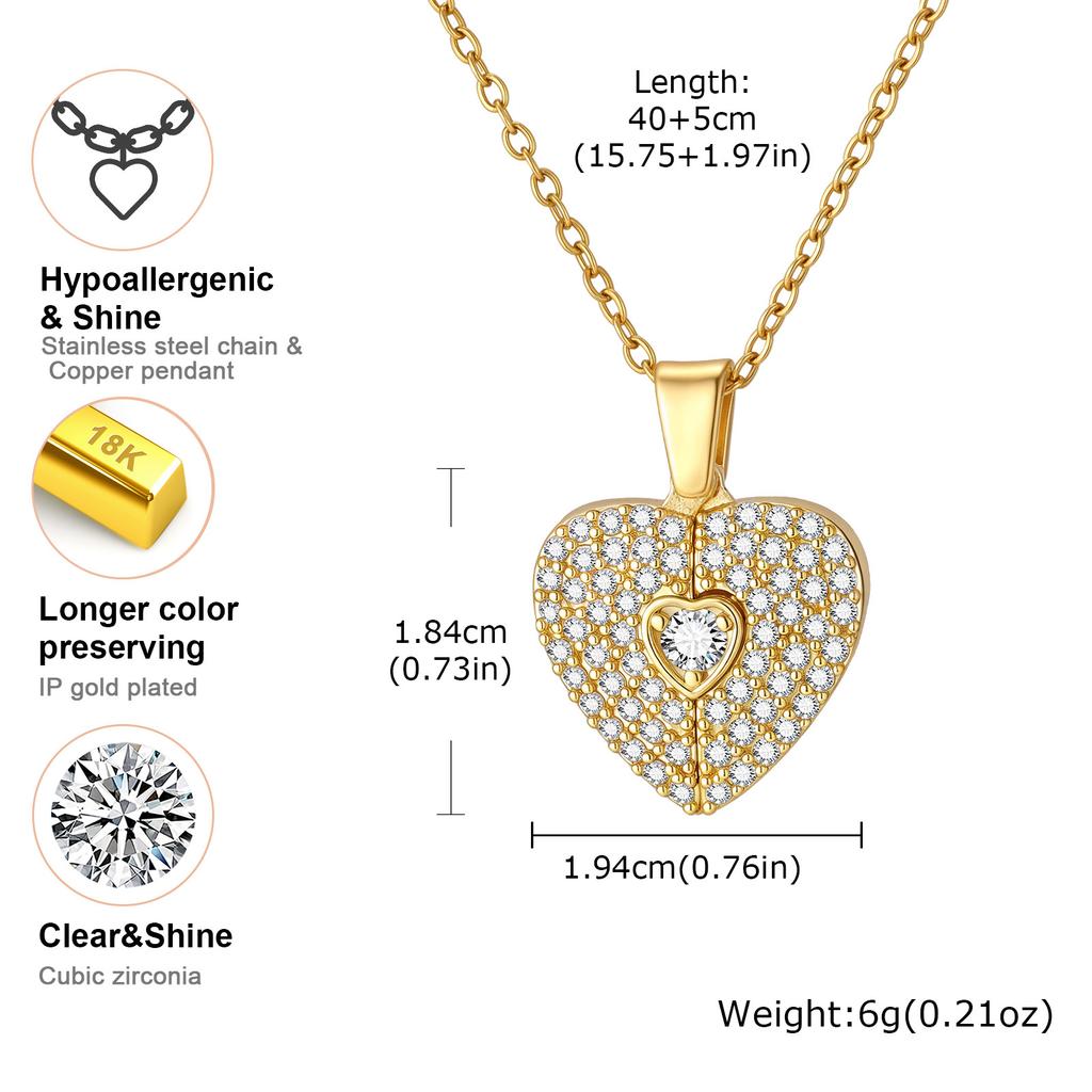 Vnox Luxury Zircon Heart Custom Photo Necklaces For Women Girls, Gold Plated Can Open Wings Locket, Memorial Jewelry Gift