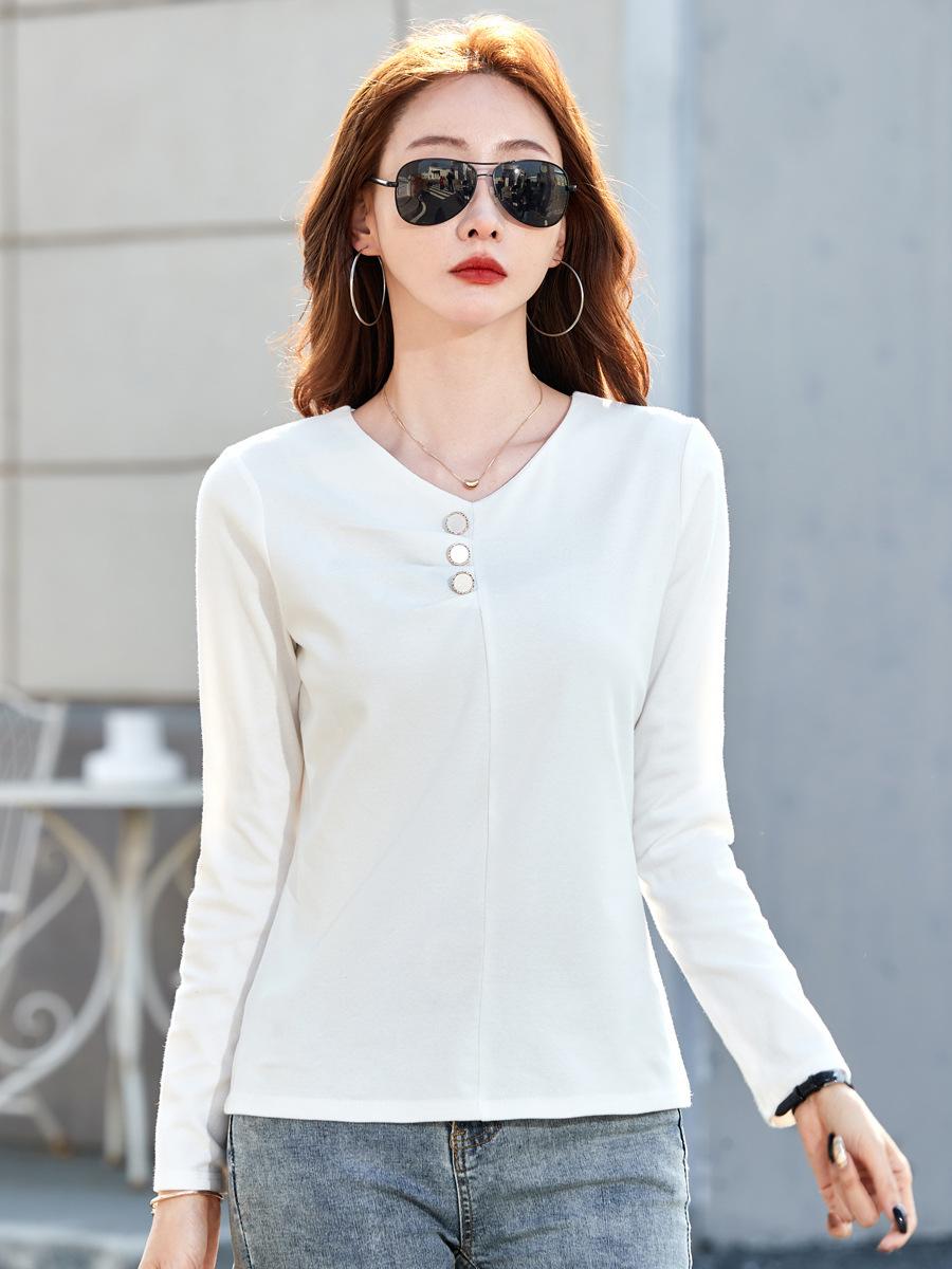 

Футболка с декоративными пуговицами для женщин, осенняя, с отложным воротником, тонкая, хлопковая футболка для женщин, женская футболка с длинным рукавом для женщин 3XL белый
