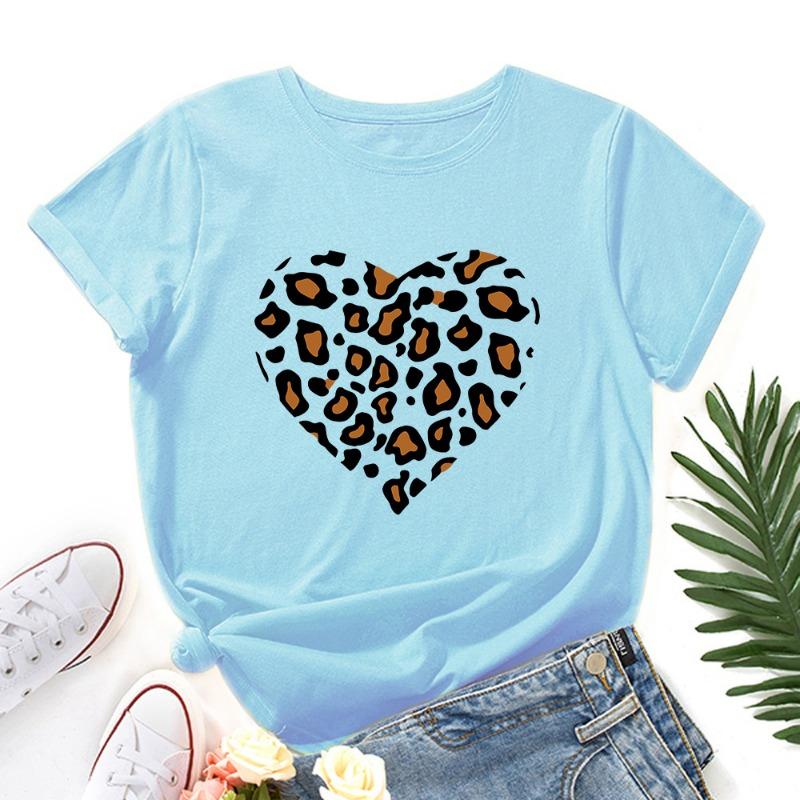 Zomer Dames Bedrukte Luipaardprint Hartvormige Losse Ronde Hals Puur Katoen Korte Mouw T-shirts Dames