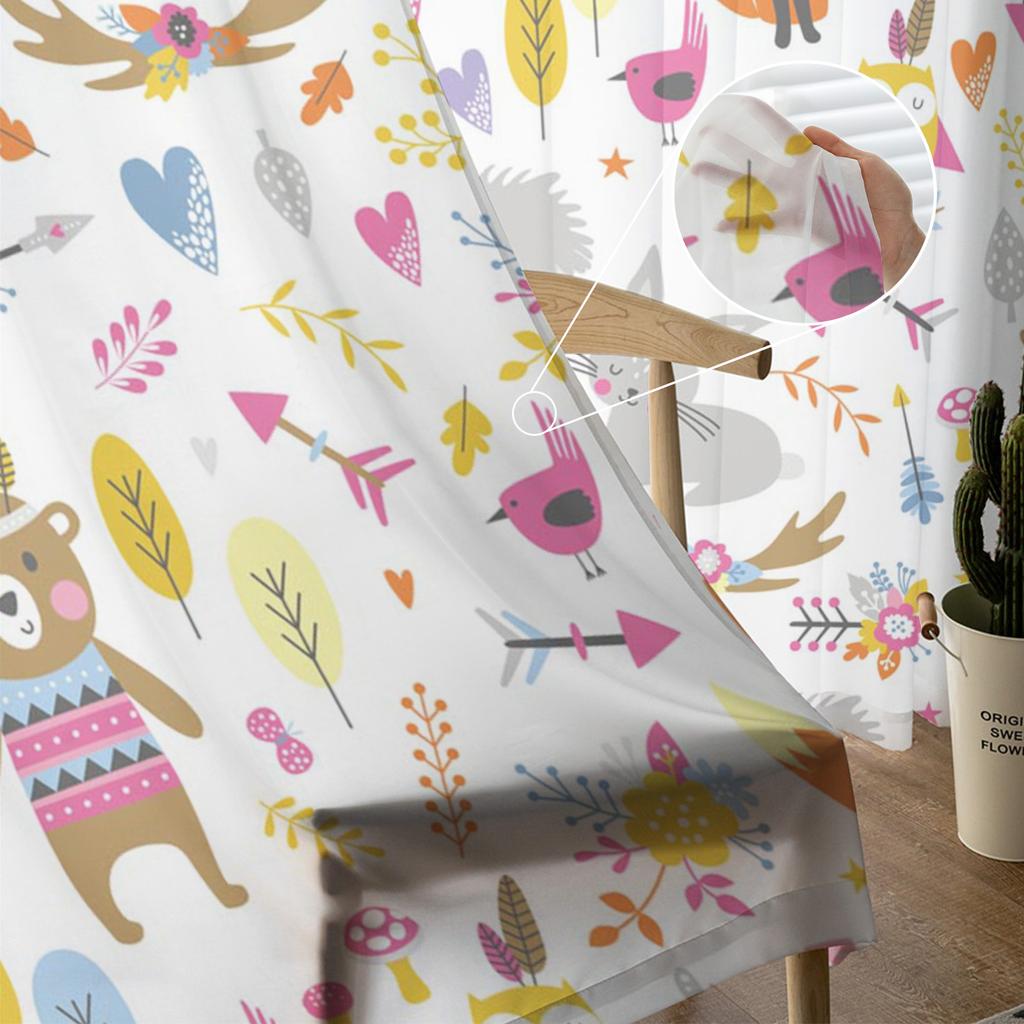 Autumn Forest Cartoon Animals Bear Fox Owl Sheer Curtains for Windows Tulle Curtains for Living Room Bedroom Children Room Decor