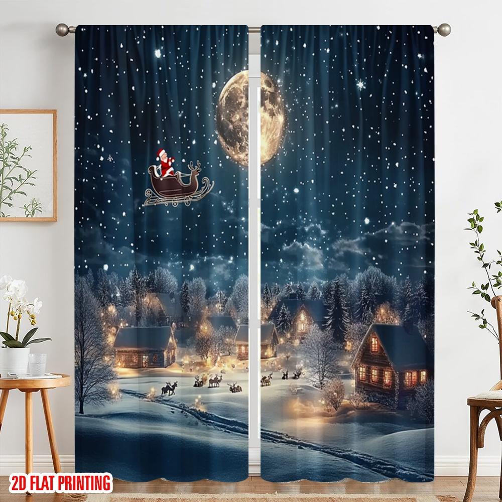 2pcs,2D Plane Printing Creative Curtains Santa Claus Sleigh Reindeer Versatile Durable Polyester (without Rod) All Seasons Ldeal
