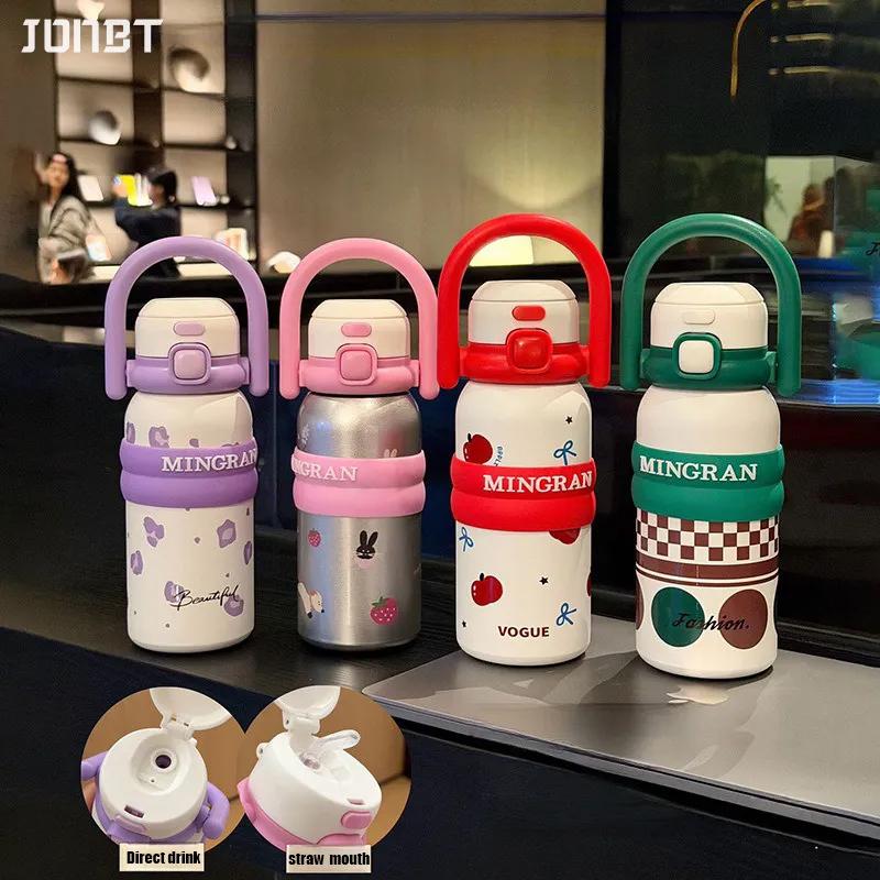 Cute Cartoon Thermal Water Bottles With Handle Insulated Cup 316 Stainless Steel Double Drinking Vacuum Flask Straw Cup 550ML