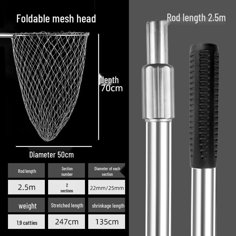Telescopic Stainless Steel Fishing Rod with Foldable Net Head and Fish Bag Grapnel Set