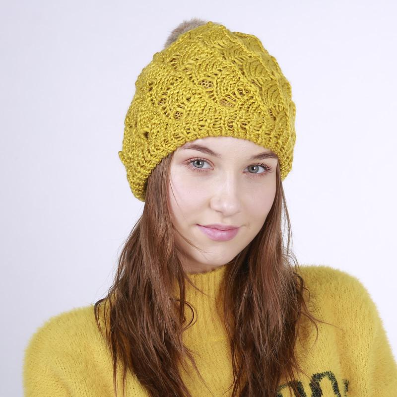 Lady Handmade Knitted Hat Double Layer Fan-Shaped Knitting Pompom Hat Hood Rabbit Hair Ball Woolen Warm Hood Warm Cap  B-8470