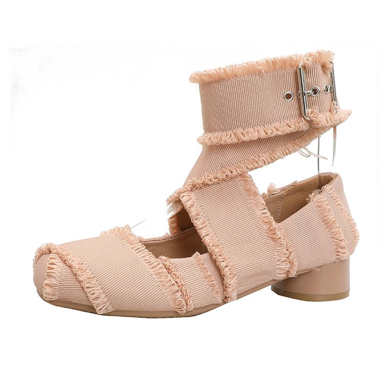Fashion Super High Heels Ballets Shoes Ladies Cross Tied Fabric Pumps Women Mid-Calf Belt Strap Mary Janes Fringe Cloth Band Ballerinas