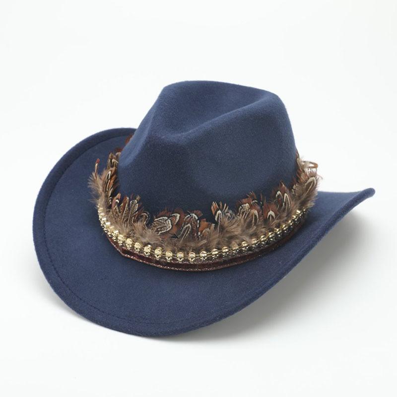 Western cowboy hat autumn and winter outdoor travel knight hat Tibetan ethnic style feather jazz hat top hat