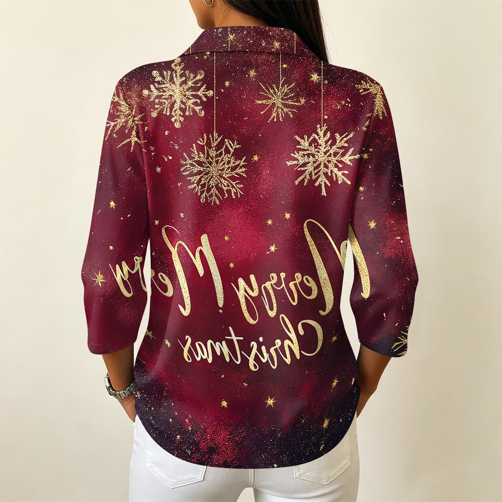 Women's Casual Christmas Print Collared Button-Up Blouse with Three-Quarter Sleeves