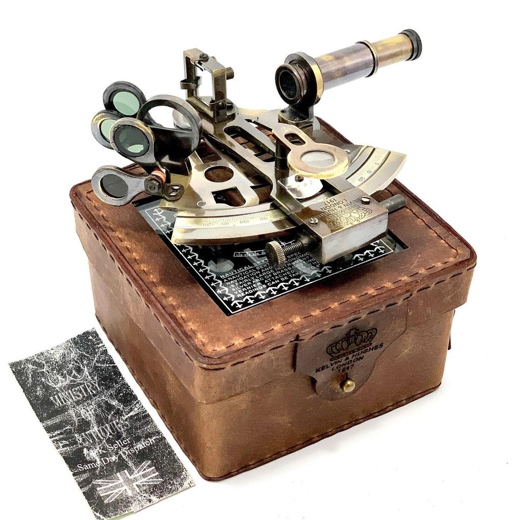 Antiker maritimer nautischer Sextant Vintage Marine Astrolab Schiffsgeräte mit echter Lederbox Messing Schiffssextant mit Glasdeckelbox