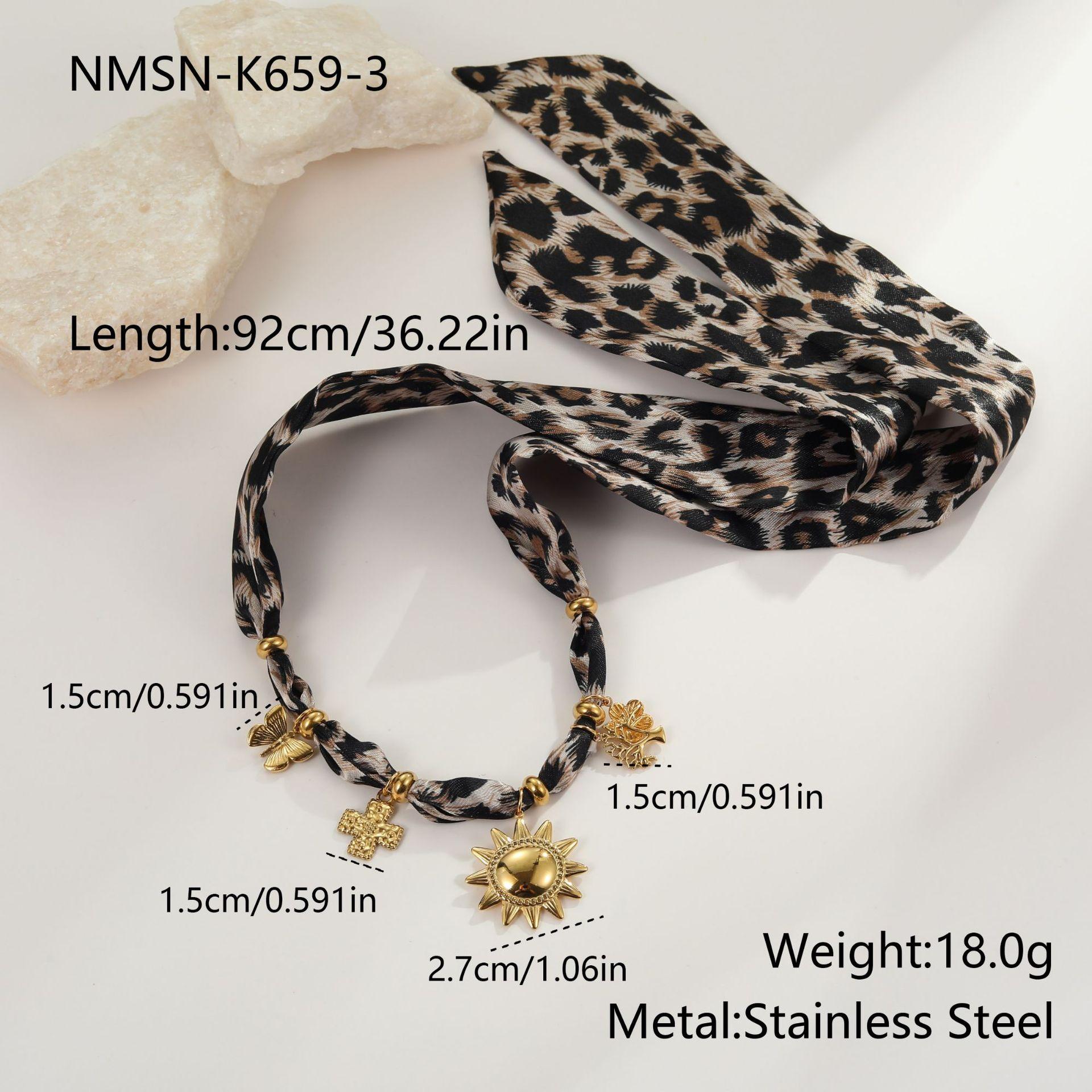 GEMCHIC Women s Leopard Print Silk Scarf Necklace with Sun Cross Tree Charms Stainless Steel Choker