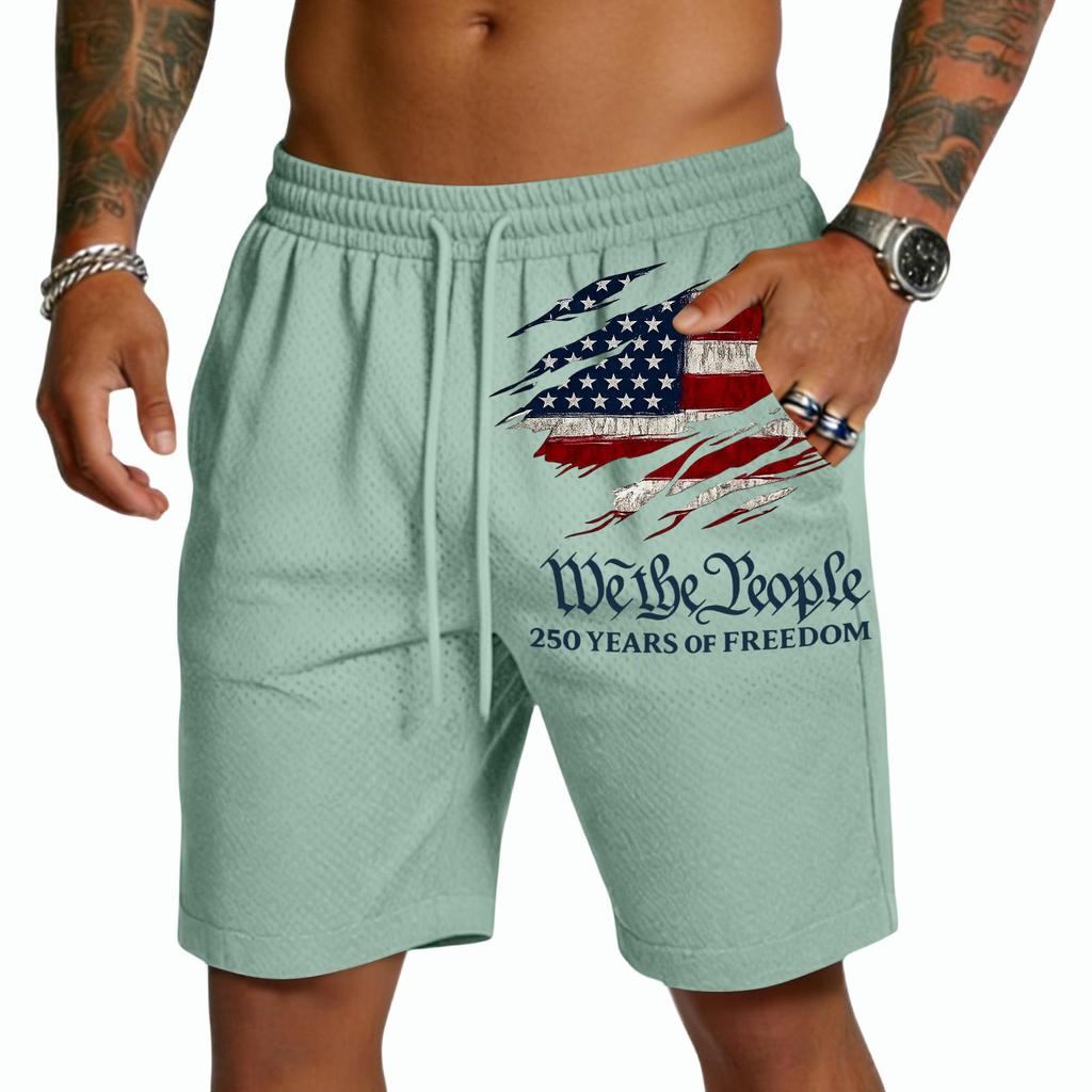 Pantalones Cortos de Malla para Hombre con Cintura de Cordón y Gráfico de Bandera We The 250 Años de Estilo Holgado