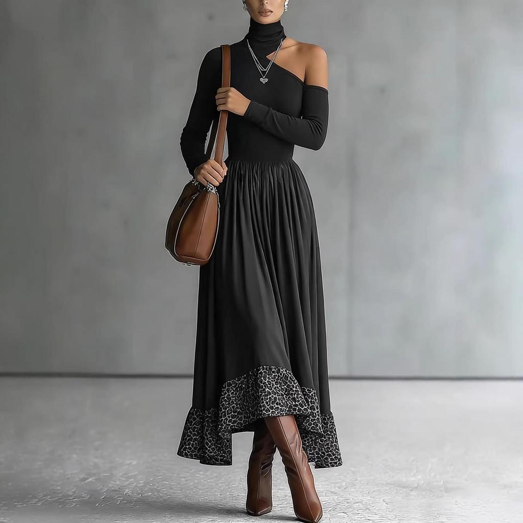 2026 European and American Women's Patchwork Slim High Collar Elegant Long Dress
