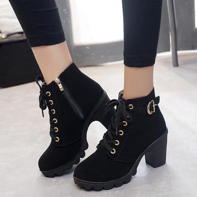 Heel Short Boots Women's Models Lace-up Round Head Women's Boots Frosted Material Thick High Heel Short Boots