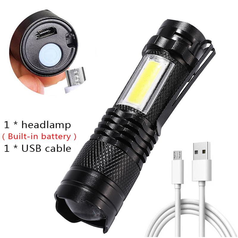 Q5 LED Mini Flashlight Built In Battery Zoom Torch COB Lamp 2000 Lumens Adjustable Outdoor Waterproof emergency Pocket Light