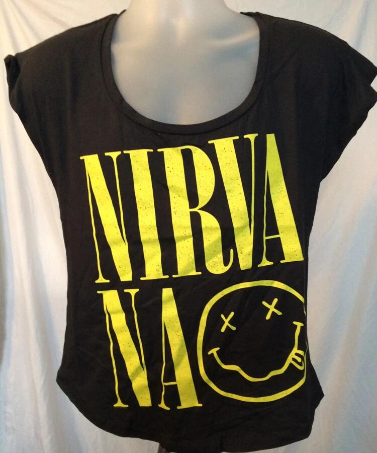 Nirvana-Smiley and Logo-Women s-Medium Dolman Style Black T-shirt L