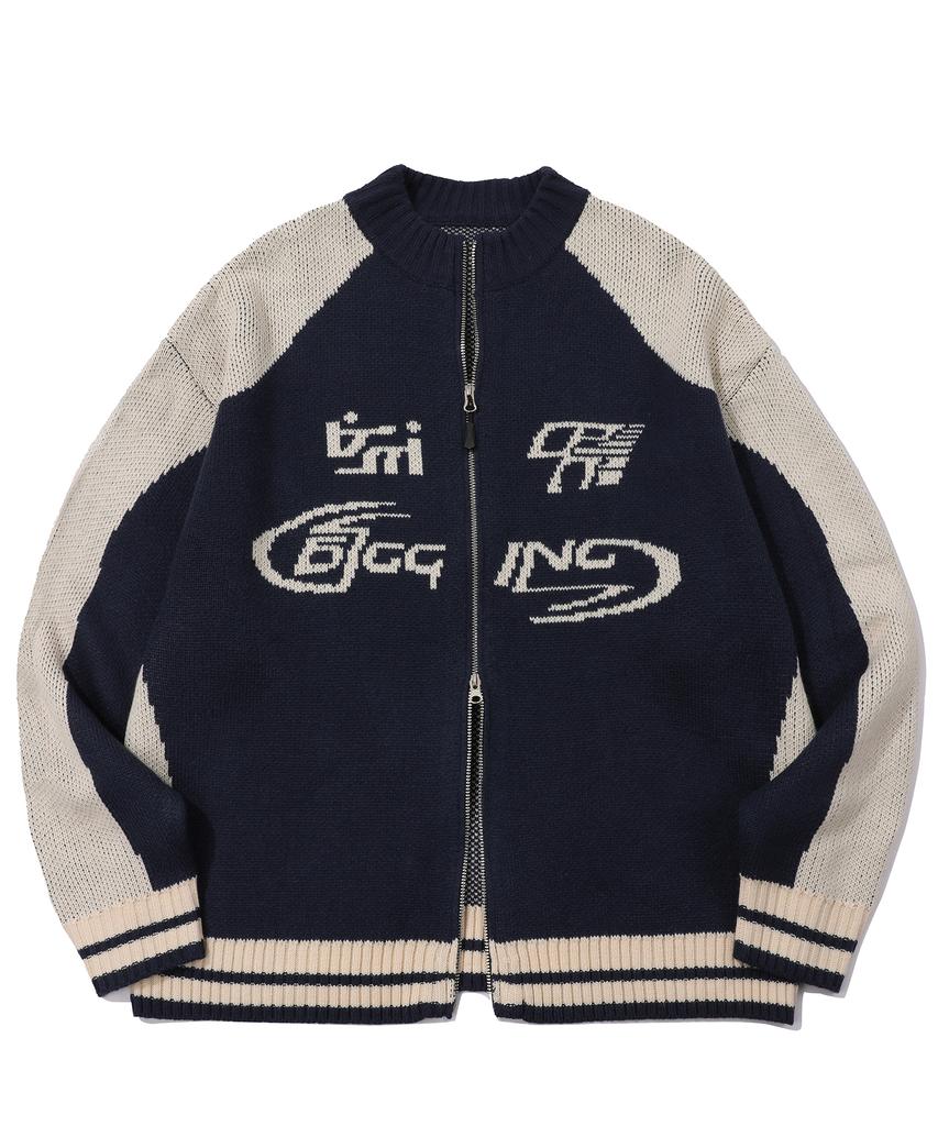 Cpgn Studio [2-Way] Curved Block Knit Zip-Up Navy