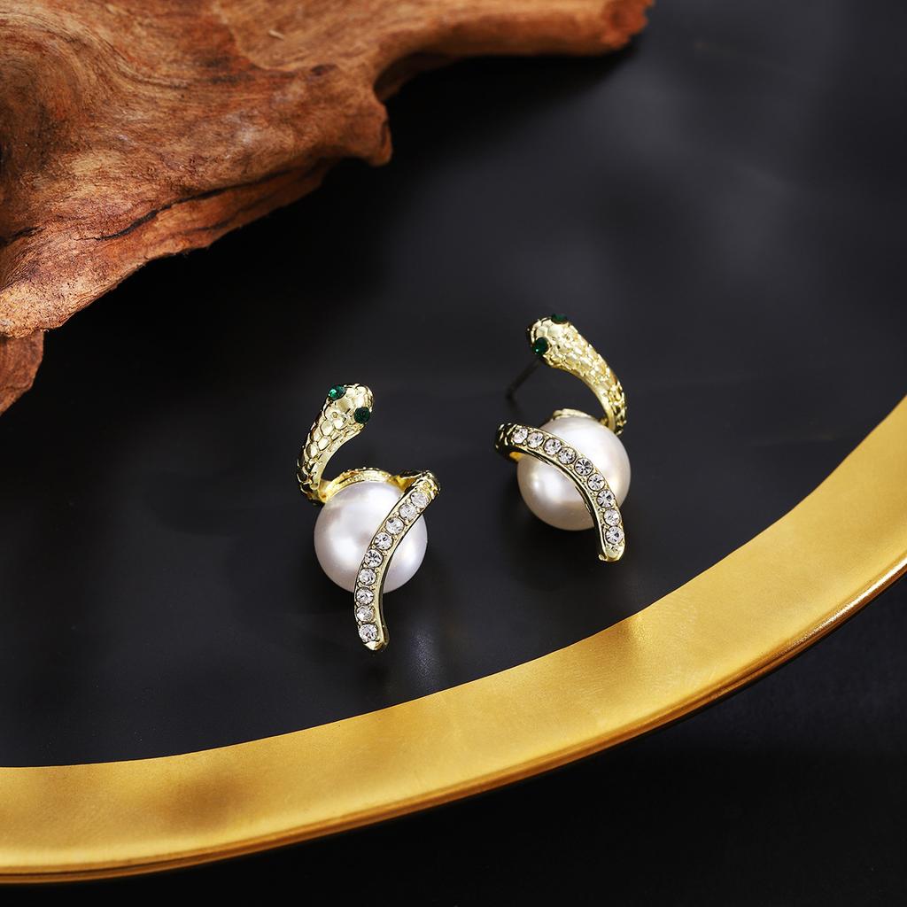 Year Of The Snake Diamond-Encrusted Snake Wrapped Pearl Stud Earrings, Light Luxury Design Sense, Small Personality, Exquisite Temperament Earrings