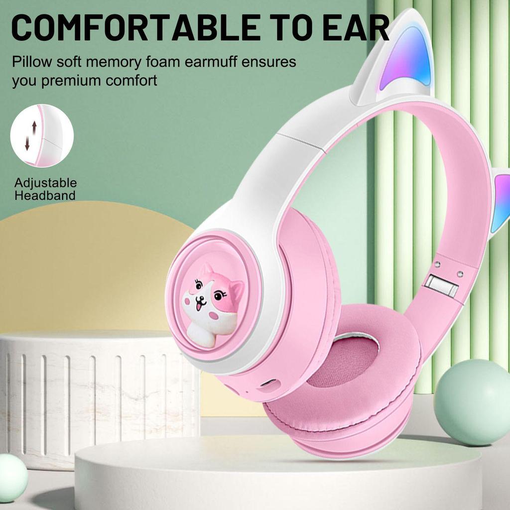 AKZ-07 Cartoon Bluetooth Headphones with RGB Cat Ears and Heavy Bass