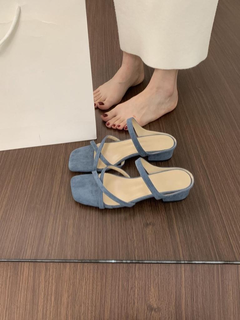 French fairy wind cross with open-toed square slippers female summer wear beautiful 3cm small thick heel suede cool slippers