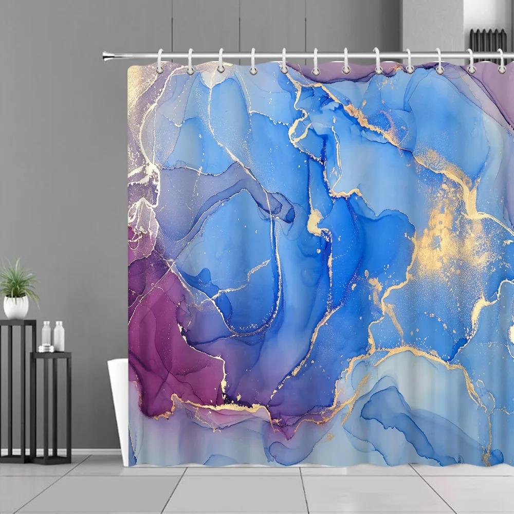 Blue Gold Marble Shower Curtains Golden Cracked Lines Abstract Modern Home Washable Polyester Fabric Bath Curtain Bathroom Decor