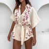 Women's Fashionable Casual Loose And Comfortable Tie Waist Open Collar Five Quarter Sleeve Jumpsuit