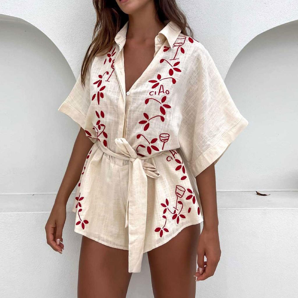 Women's Fashionable Casual Loose And Comfortable Tie Waist Open Collar Five Quarter Sleeve Jumpsuit