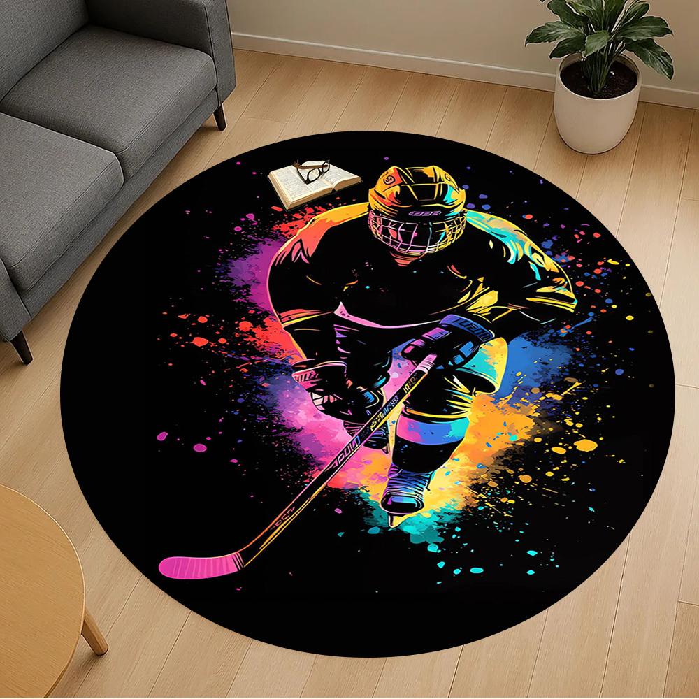 1pc Hockey Player Pattern Office Round Rugs, Under Chair Round Rugs for Living Room, Bedroom, Bathroom Decoration Carpet 091875