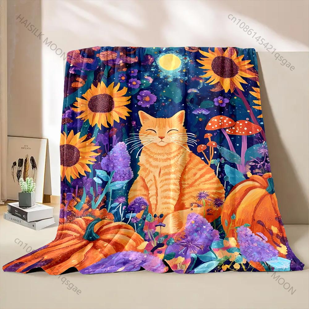 1PC Cat and Sunflower Flowers Print Blanket 4 Season Soft Fluffy Throw Kids Adult Quilt Sofa Throw Blanket  Travel Camping
