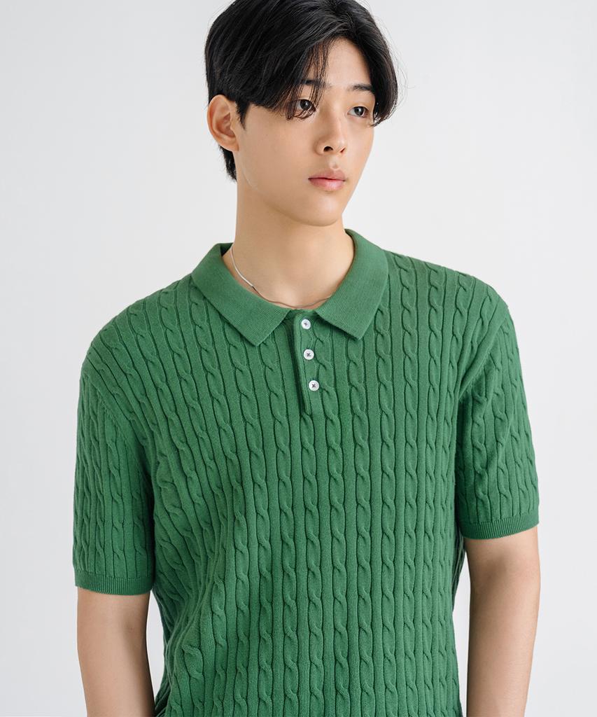 LEMAIN SECOND Oversized Washable Collared Cable Short Sleeve Knit [Green]