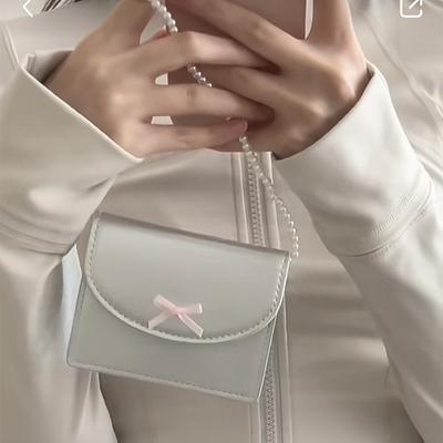 Einfache Schultertaschen mit Schleife für Damen, tragbare Leder-Geldbörse, quadratische Handtaschen mit Perlenkettenriemen