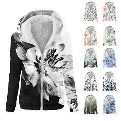 Γυναικείο φούτερ με στάμπα με φαρδιά κουκούλα και βελούδινο μπουφάν με φερμουάρ