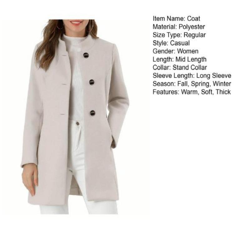 Winter Women Overcoat Stand Collar Long Sleeve Warm Thick Mid Length Coat with Pockets Fall Lady Jacket Neck Protection Single Breasted