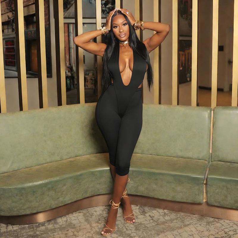 Spring/Summer 2026 European & American Women's Sexy Deep V-Neck Backless Slim-Fit Jumpsuit