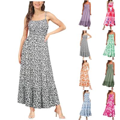 Womens Summer Maxi Dress Sleeveless Floral Spaghetti Strap Smocked Boho Beach Long Dress Beachwear For Vacation