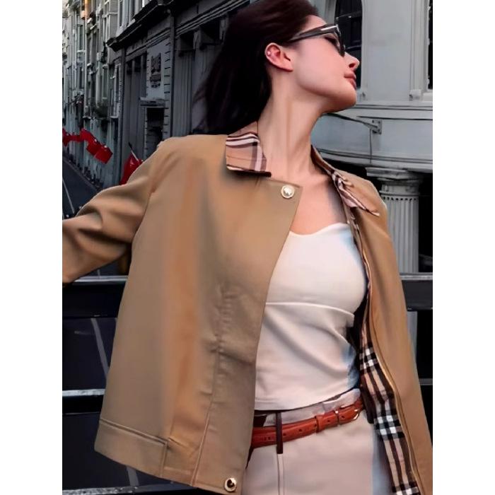 Women s Retro Khaki Plaid Jacket - British Classic Spring Fashion Extra Large
