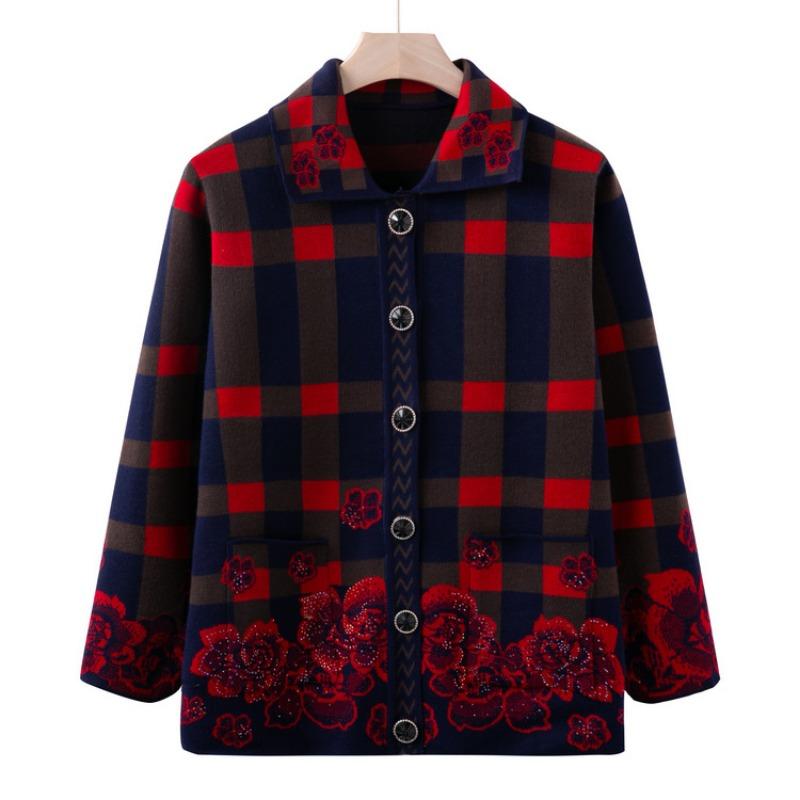 Grandma winter sweater cardigan lapel spring and autumn mother new knitted sweater medium and old top elderly clothes